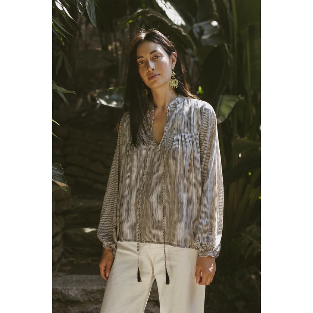 Natalie Martin Lizzy Shirt Blue White Striped Tassels Nautical‎ Coastal Flowy XS